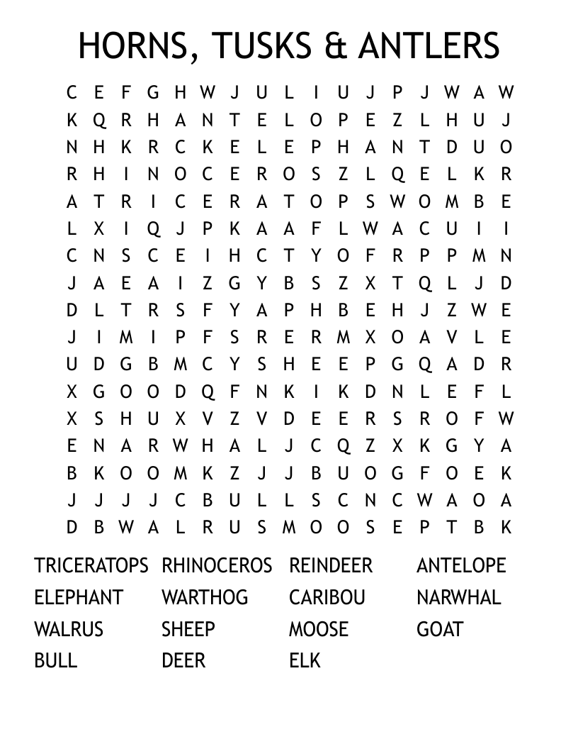 Animals With Horns Word Search - HORNS, TUSKS & ANTLERS Word Search - WordMint