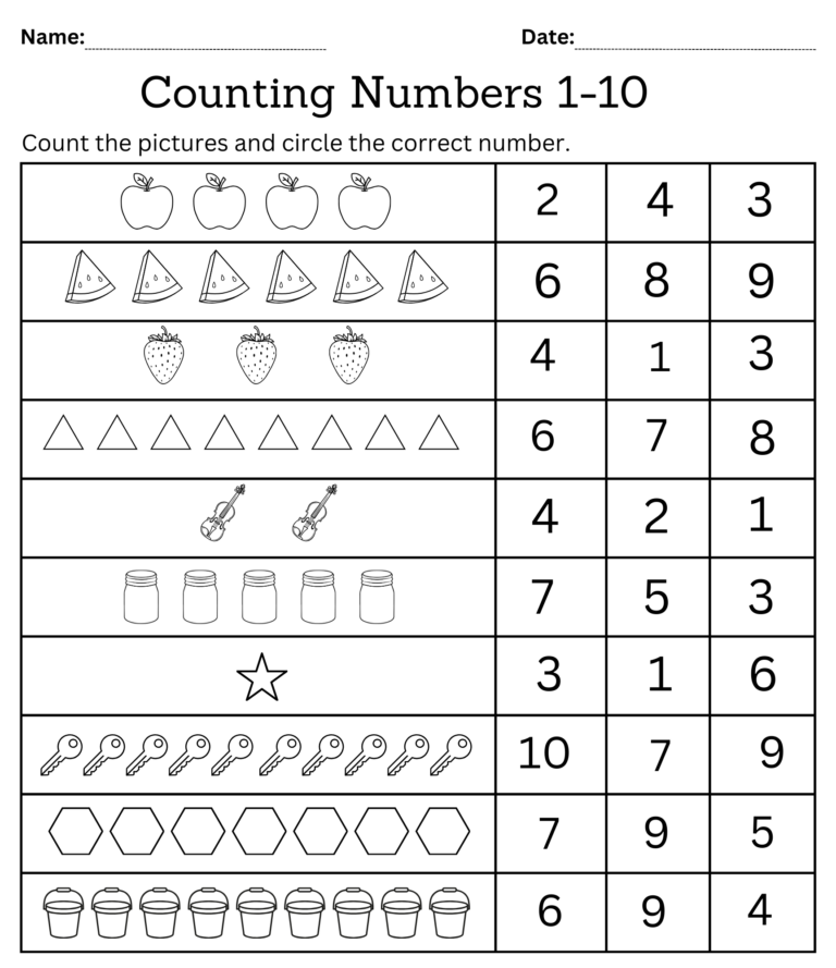 Counting Numbers 1 10 Worksheets For Kindergarten - Counting Numbers Worksheet Kindergarten Count And Match (1 10)