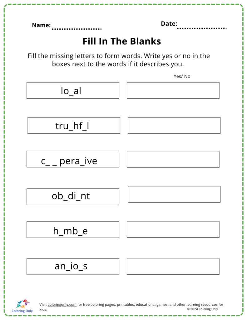 Fill In The Blanks Free Printable Worksheet