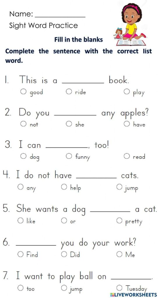 Fill In The Blanks With Suitable Words - Sight Words - Week 12 ( Fill in the Blanks) worksheet | Live ...