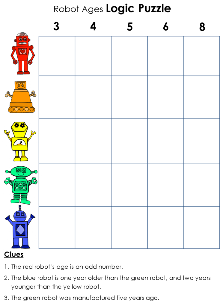 Free Printable Easy Logic Puzzles - Logic Puzzle Robot (1161×1597) | Logic puzzles, Logic problems, Easy ...