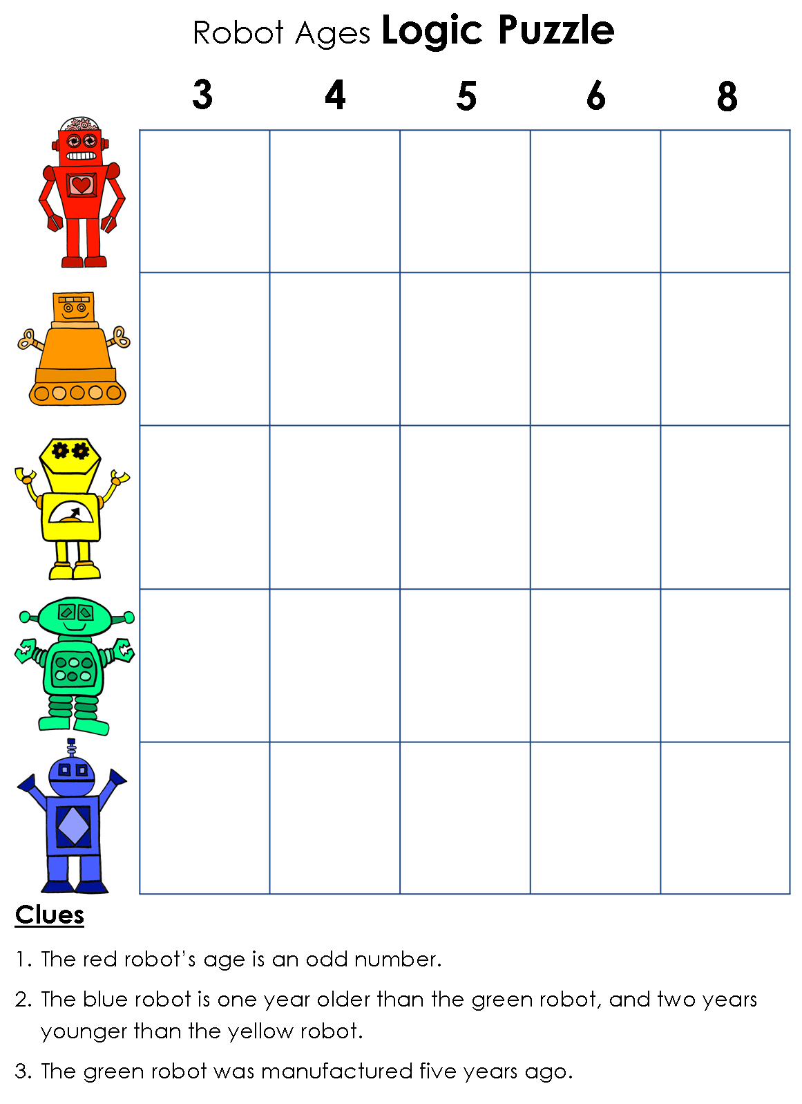 Free Printable Easy Logic Puzzles - Logic Puzzle Robot (1161×1597) | Logic puzzles, Logic problems, Easy ...
