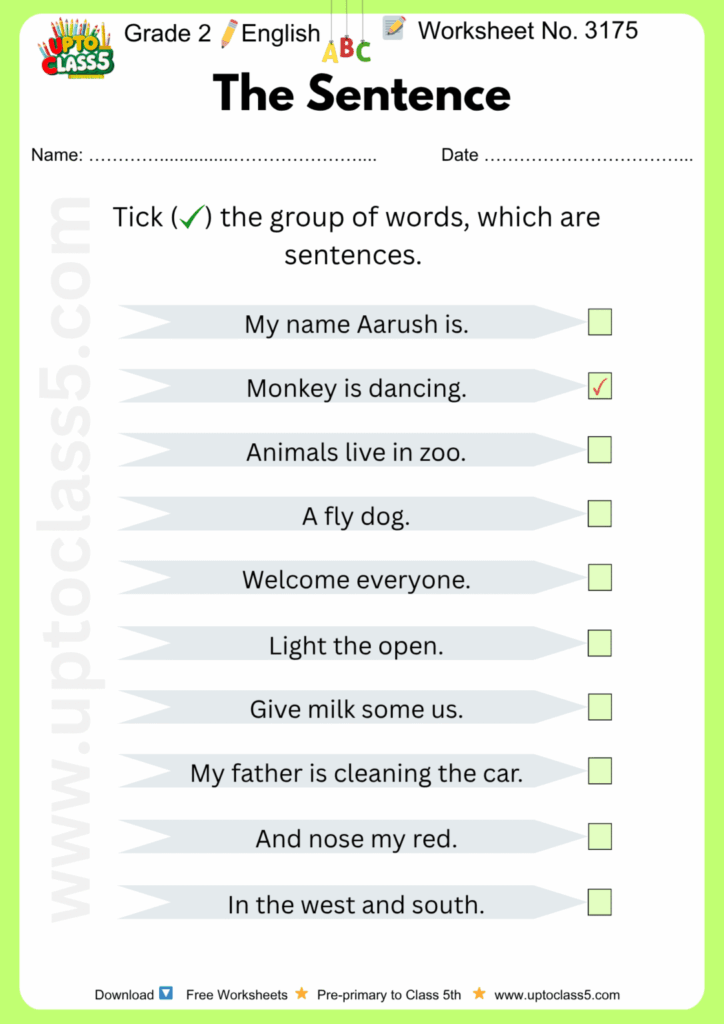 Grade 2 – English | The Sentence | Worksheet no. 3175 – Upto Class 5 Grade 2 – English | The Sentence | Worksheet no. 3175 - Upto Class 5
