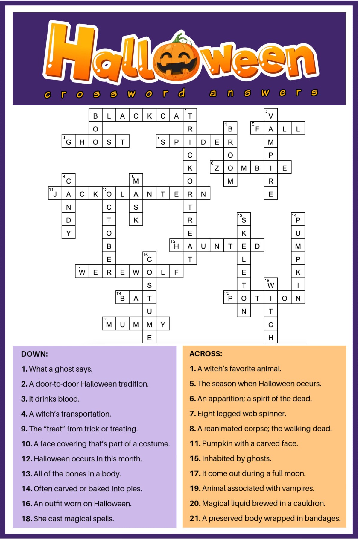 Halloween Crossword Puzzles With Answers - Free Printable Halloween Crossword Puzzle - Answer Key Included
