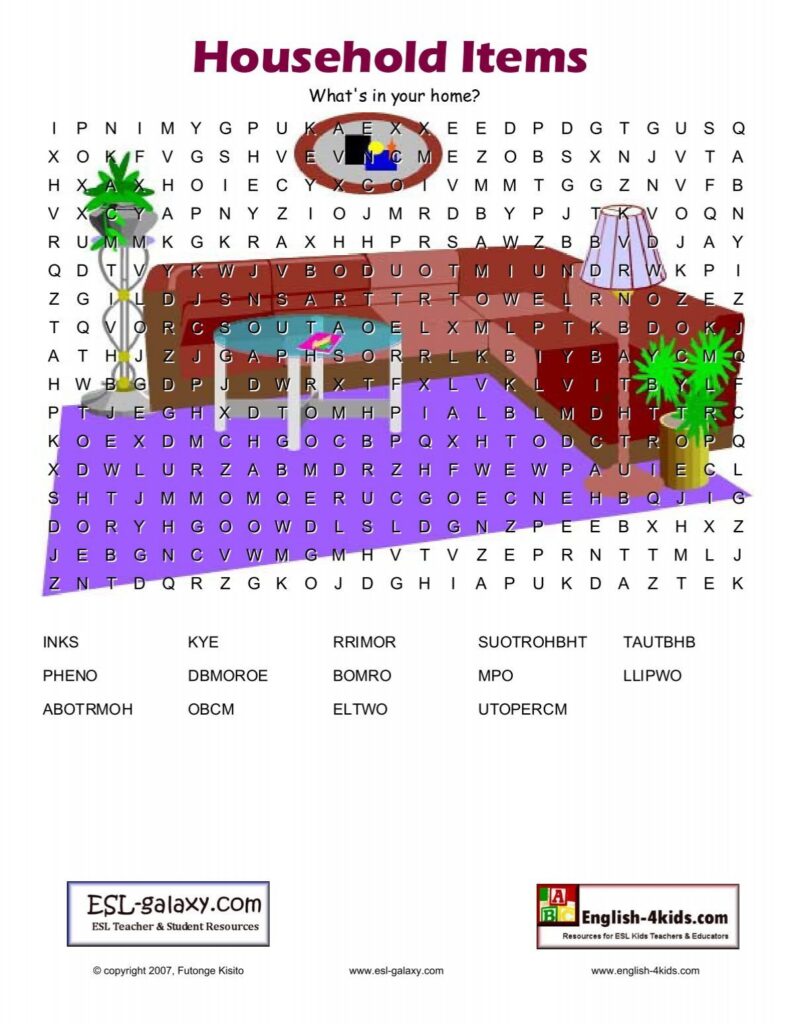 Household items vocabulary word search – ESL Galaxy Household items vocabulary word search - ESL Galaxy