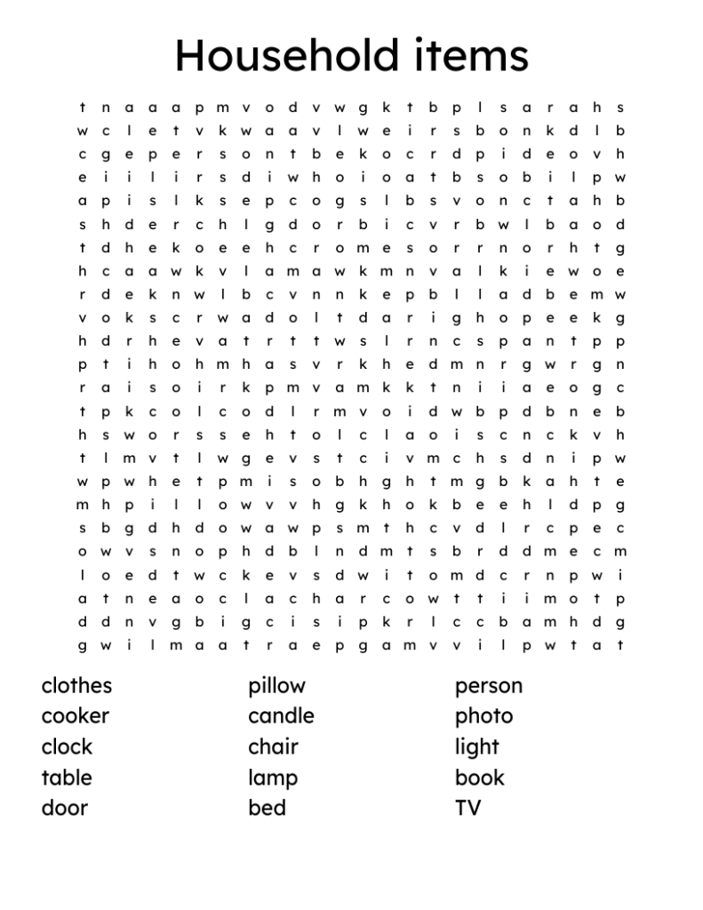Household items Word Search – WordMint Household items Word Search - WordMint
