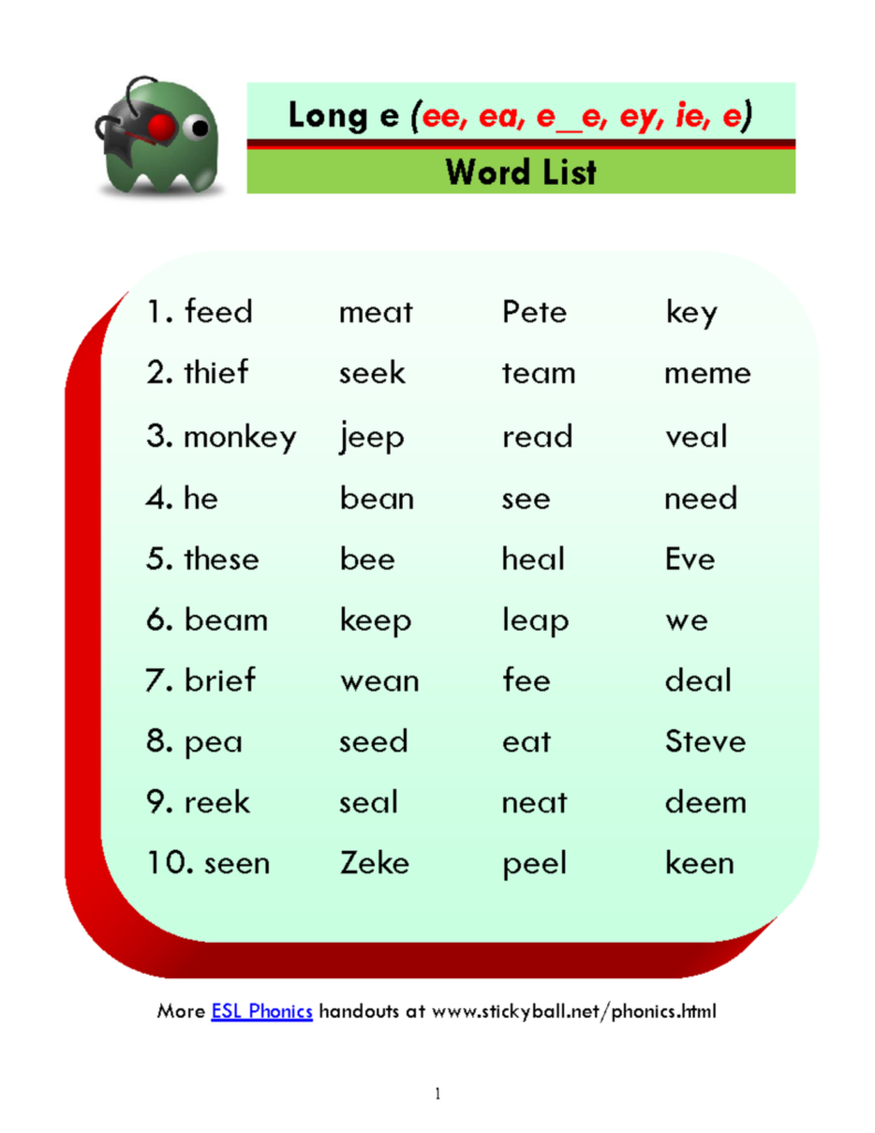 Long e – word list and sentences – Elementary Education – Long e (ee … Long e - word list and sentences - Elementary Education - Long e (ee ...