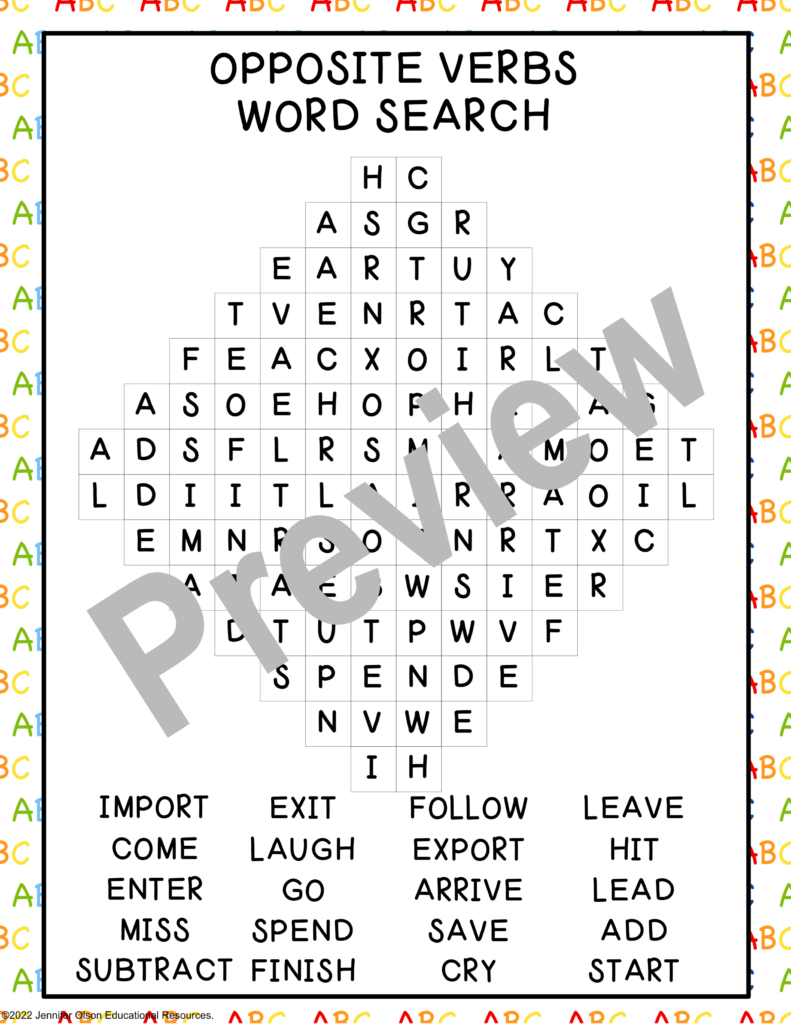 Opposite Verbs Word Search Opposite Verbs Word Search