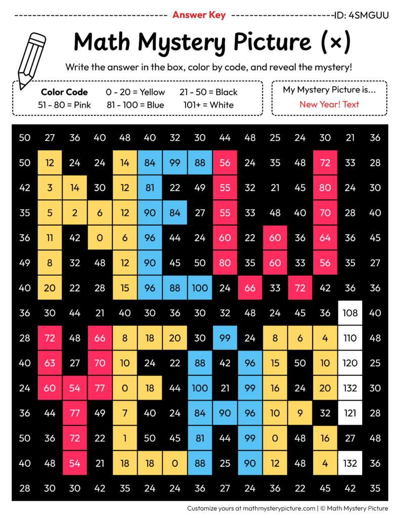 Printable New Year Multiplication Facts Color by Number — Math Mystery … Printable New Year Multiplication Facts Color by Number — Math Mystery ...
