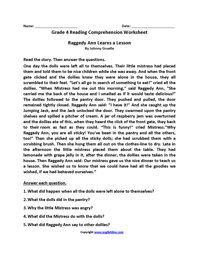Raggedy Ann Fourth Grade Reading Worksheets | Reading comprehension … Raggedy Ann Fourth Grade Reading Worksheets | Reading comprehension ...