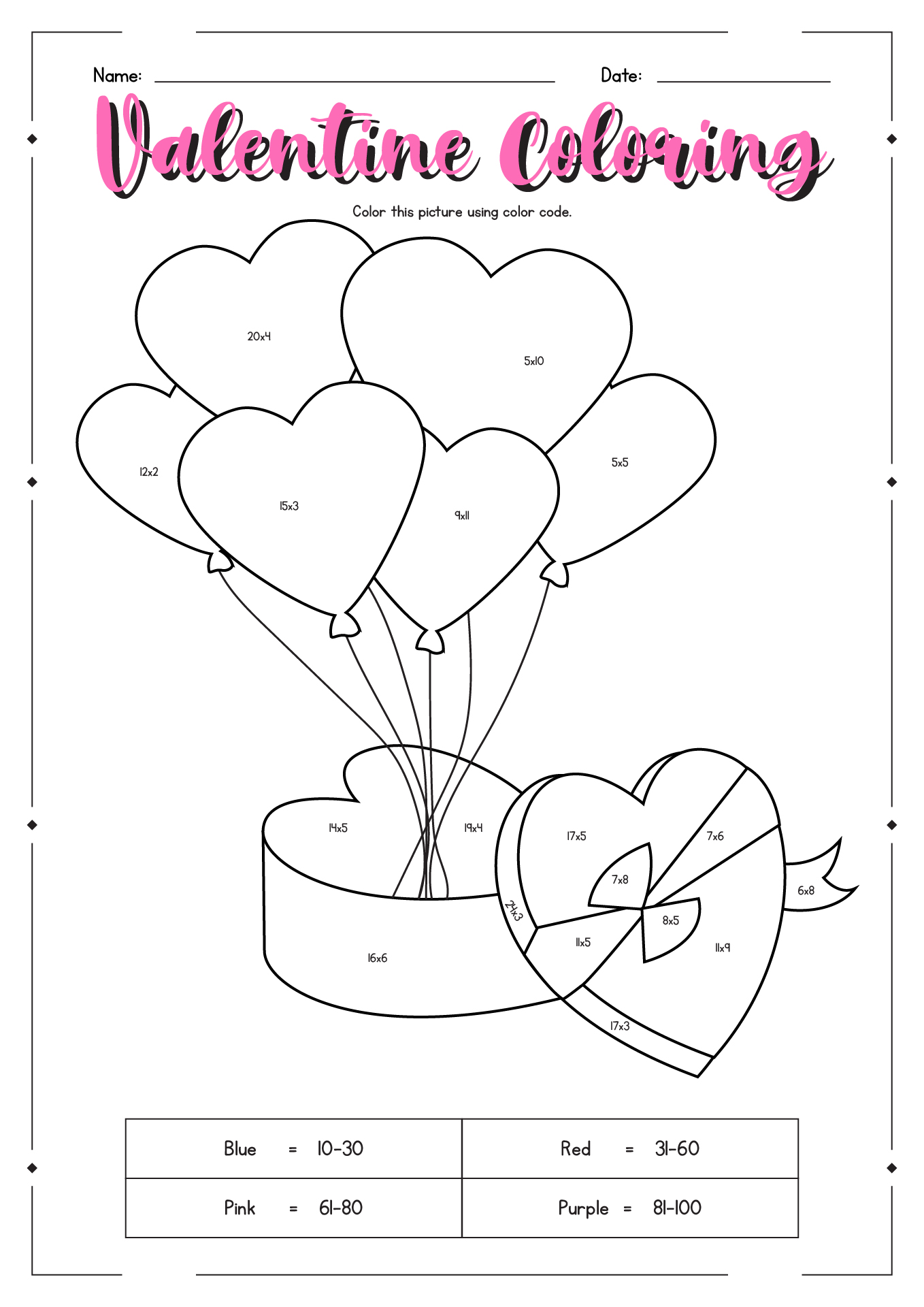 17 Valentine's Day Math Coloring Worksheets - Free PDF at worksheeto.com
