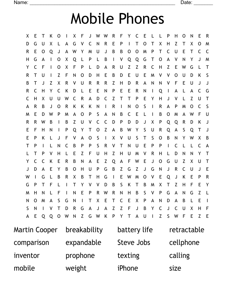 With My Cellphone Word Search - Mobile Phones Word Search - WordMint