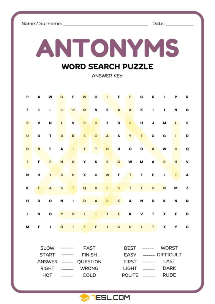 Word Search Level 90 Opposite Words Answer Key – Antonyms Worksheets for All Ages • 7ESL Word Search Level 90 Opposite Words Answer Key - Antonyms Worksheets for All Ages • 7ESL
