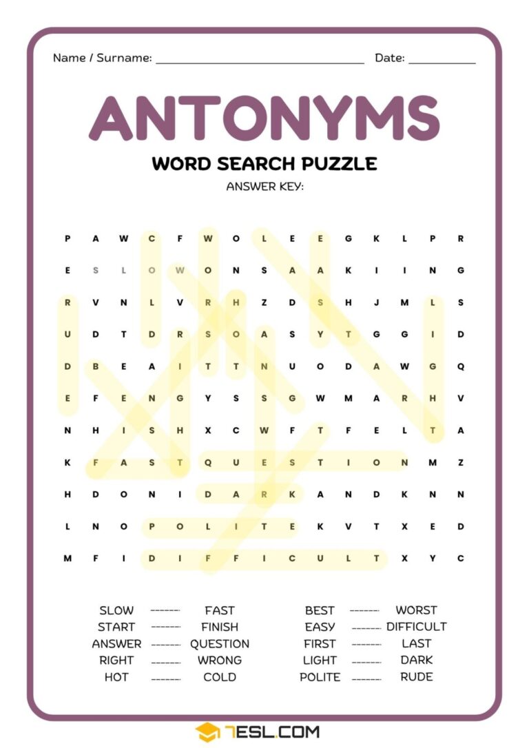 Word Search Level 90 Opposite Words Answer Key - Antonyms Worksheets for All Ages • 7ESL