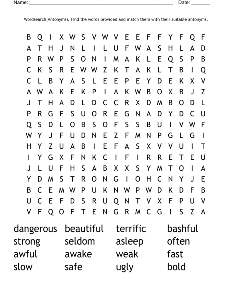 Wordsearch(Antonyms). Find the words provided and match them with their ...